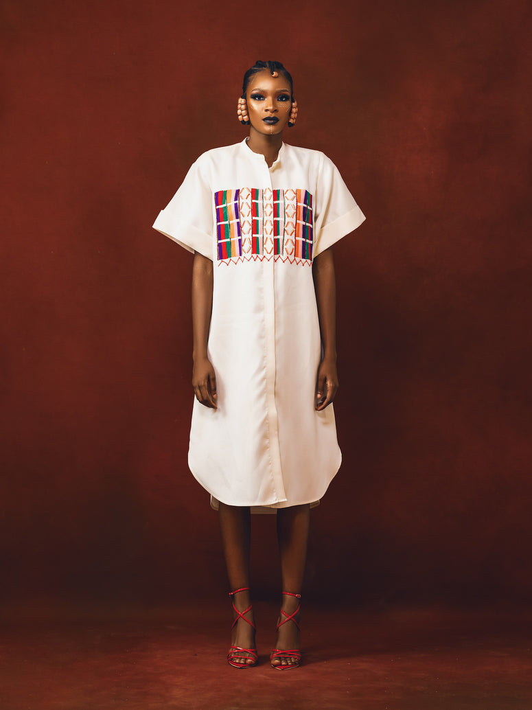 White Fulani Embroidered Shirt Dress